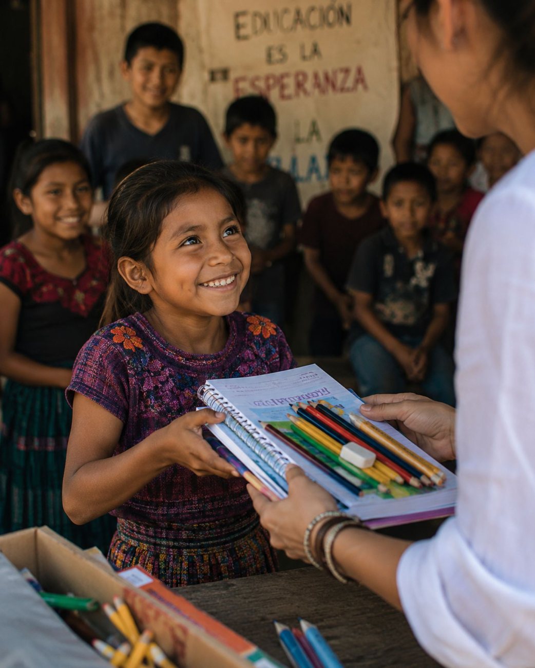 A child receiving school supplies from the Philanthropic Femme Society
